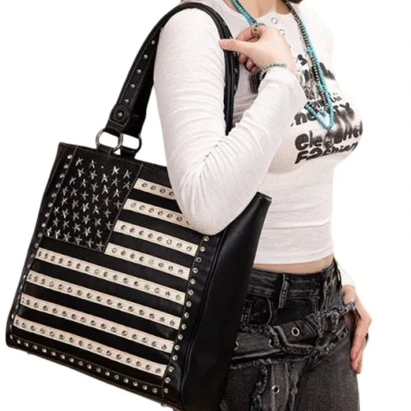 Elegant Black and Cream Studded Tote Bag - Picture 4 of 6